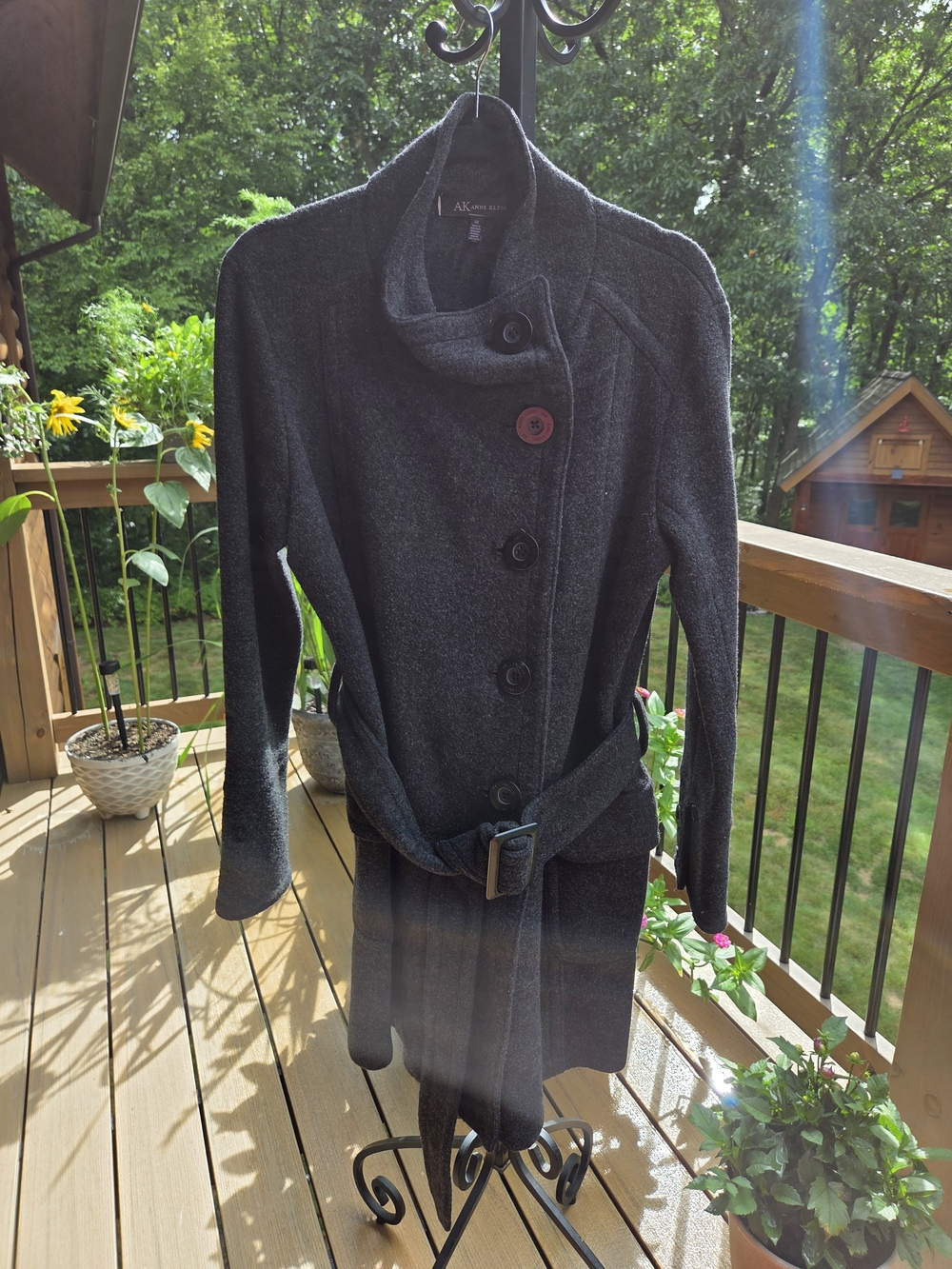Anne Klein Charcoal Gray Button-Front Wool Blend Coat with Belt